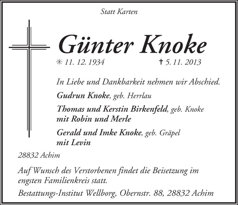 Traueranzeige von Günter Knoke von WESER-KURIER