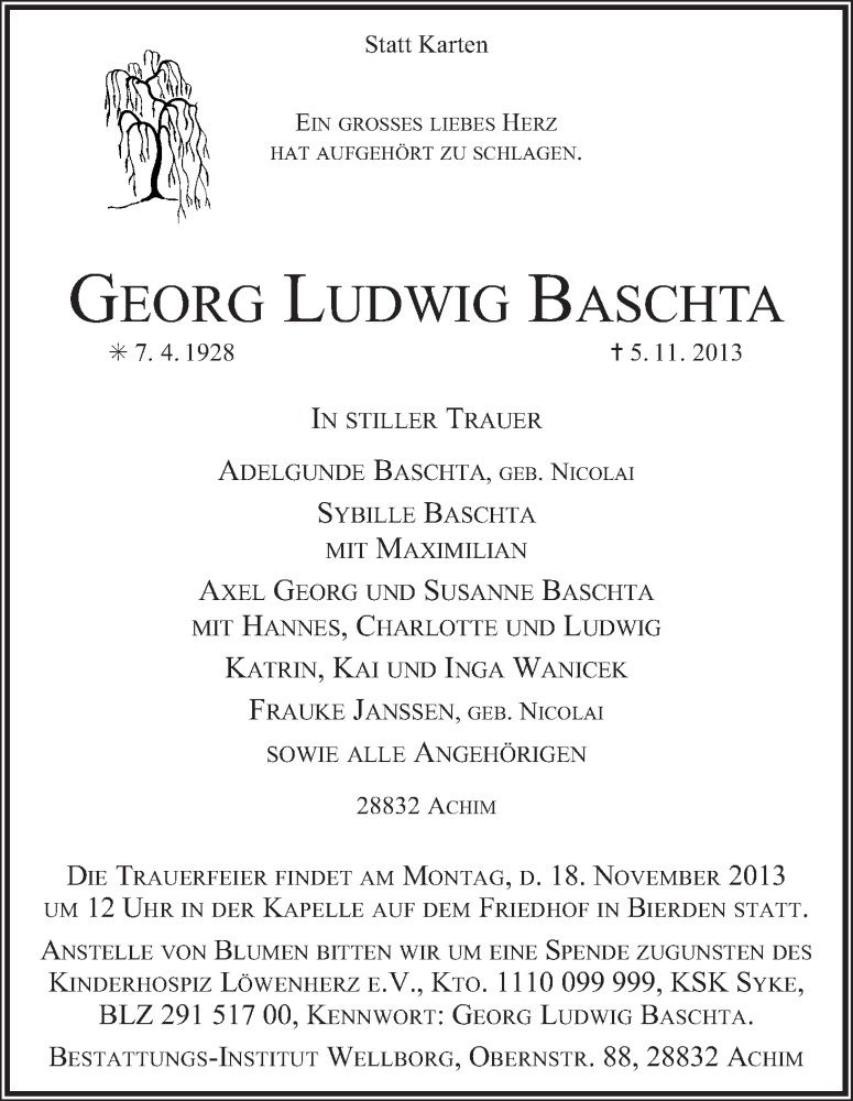 Traueranzeige von Georg Ludwig Baschta von WESER-KURIER