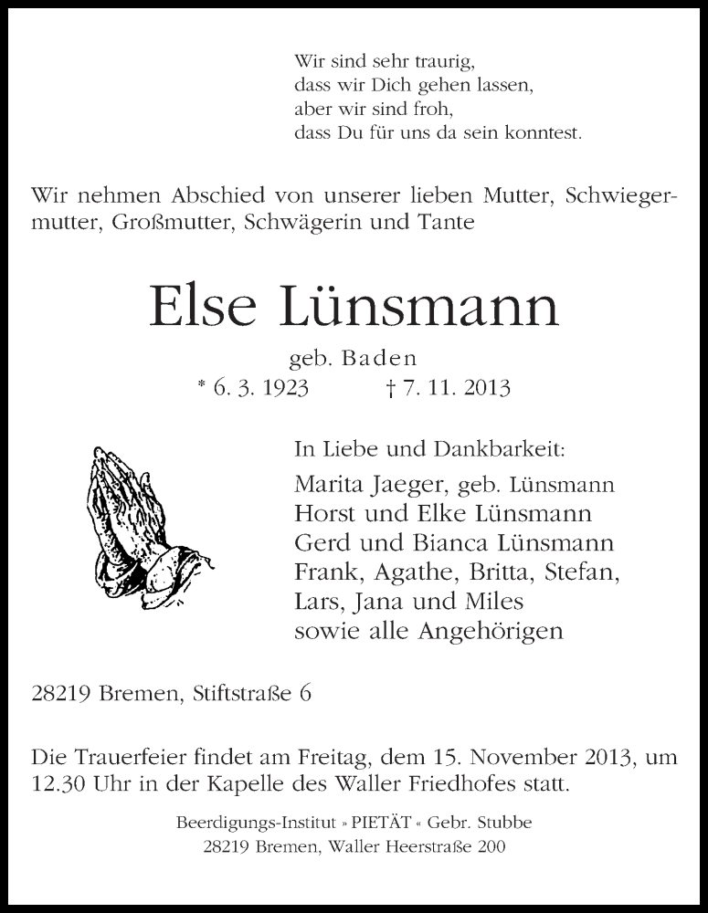 Traueranzeige von Else Lünsmann von WESER-KURIER