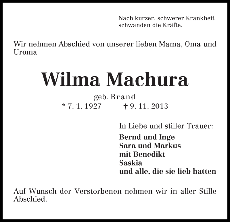 Traueranzeige von Wilma Machura von WESER-KURIER