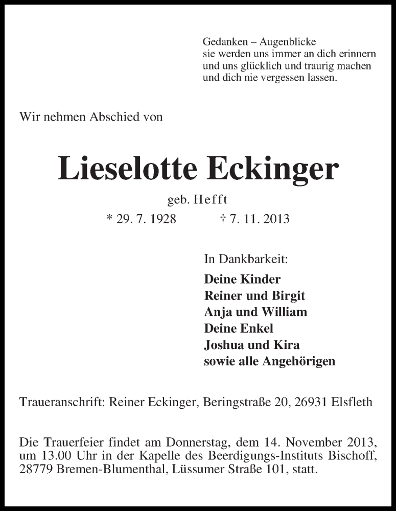 Traueranzeige von Lieselotte Eckinger von WESER-KURIER