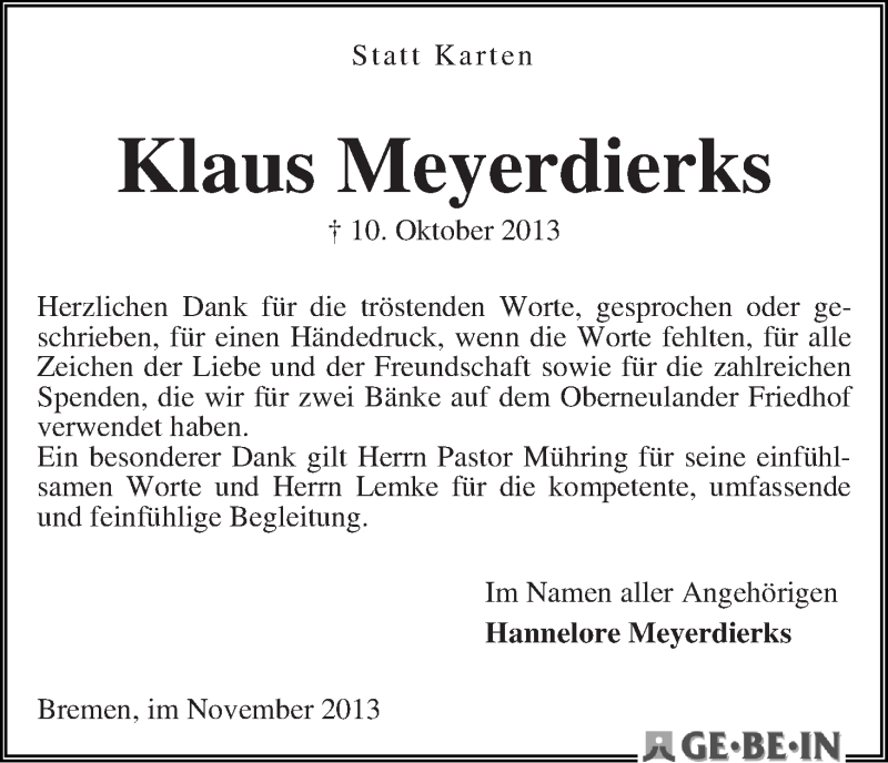 Traueranzeige von Klaus Meyerdierks von WESER-KURIER