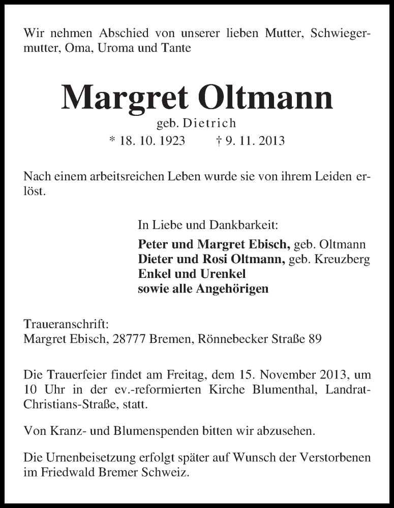Traueranzeige von Margret Oltmann von WESER-KURIER
