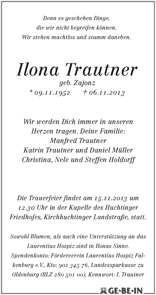 Traueranzeige von Ilona Trautner von WESER-KURIER