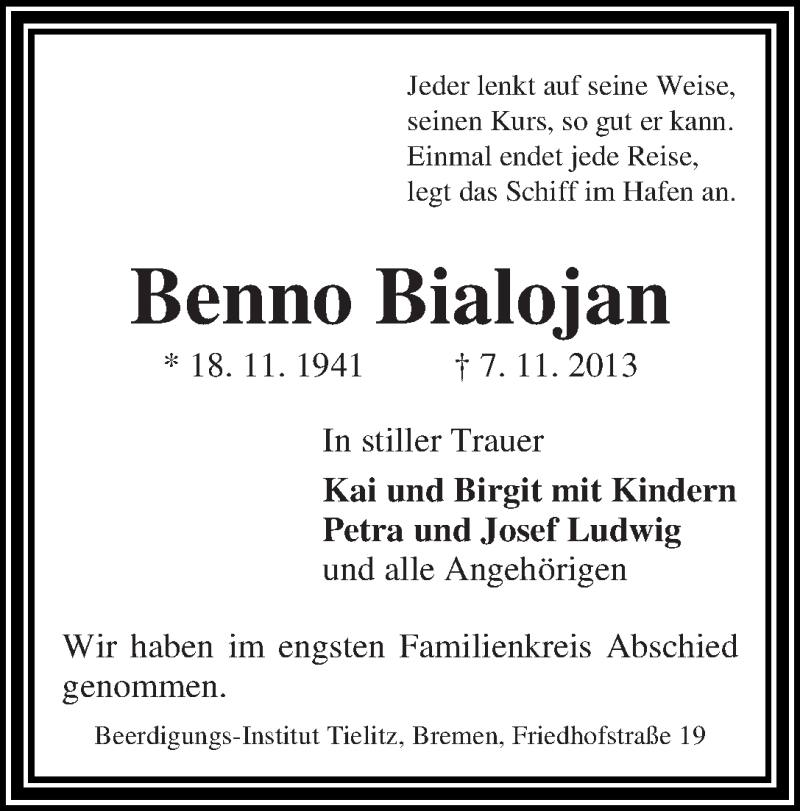Traueranzeige von Benno Bialojan von WESER-KURIER