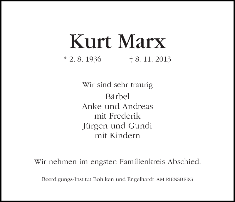 Traueranzeige von Kurt Marx von WESER-KURIER