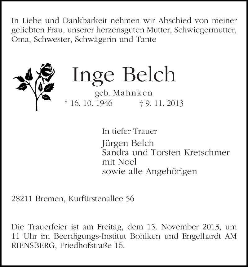 Traueranzeige von Inge Belch von WESER-KURIER