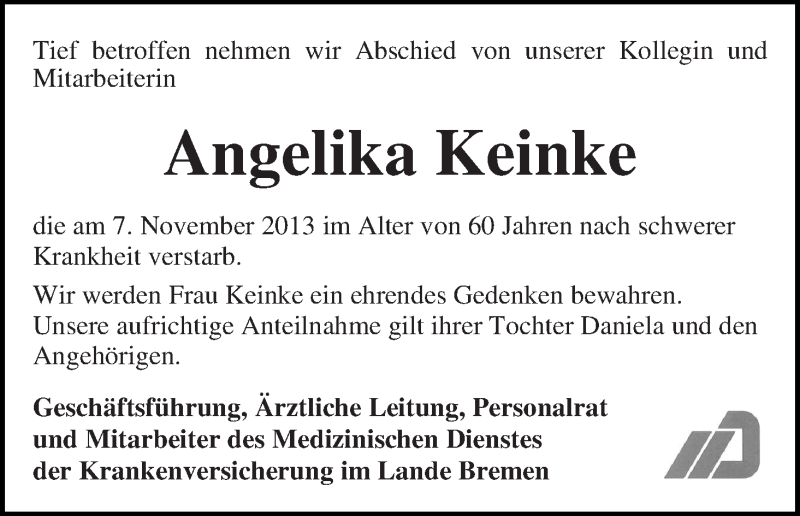 Traueranzeige von Angelika Keinke von WESER-KURIER
