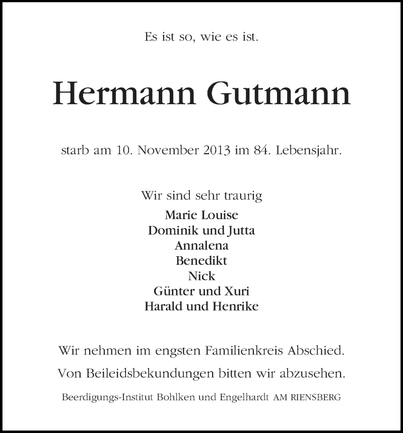 Traueranzeige von Hermann Gutmann von WESER-KURIER