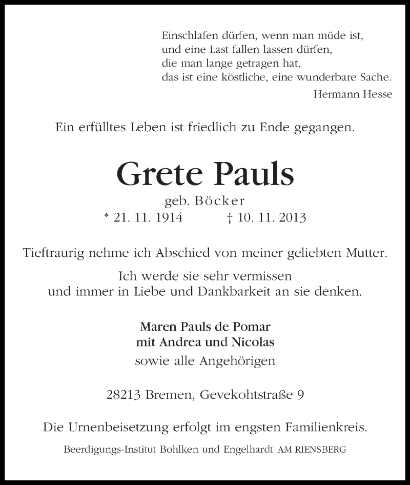 Traueranzeige von Grete Pauls von WESER-KURIER