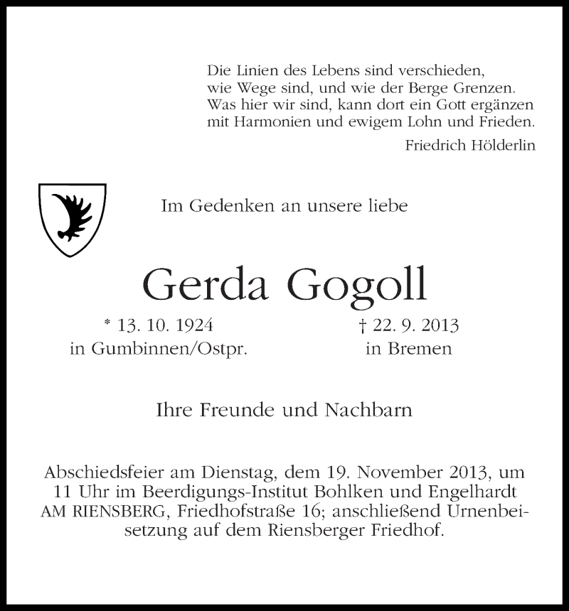 Traueranzeige von Gerda Gogoll von WESER-KURIER