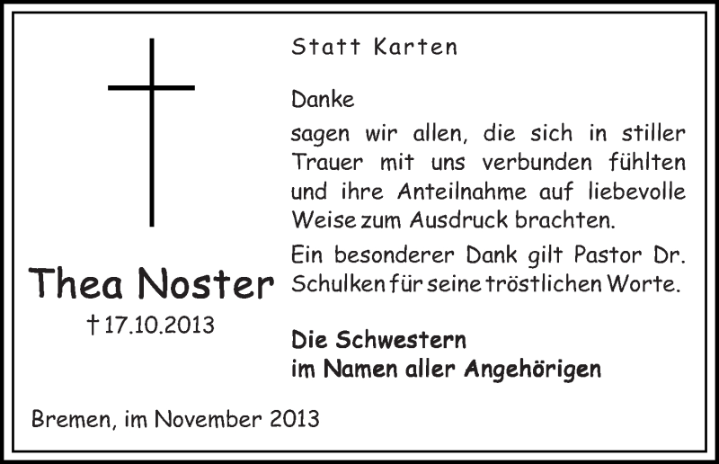 Traueranzeige von Thea Noster von WESER-KURIER