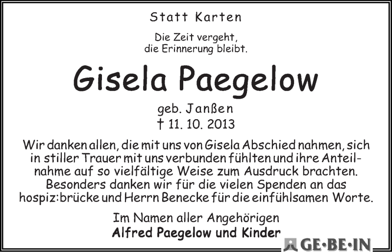 Traueranzeige von Gisela Paegelow von WESER-KURIER