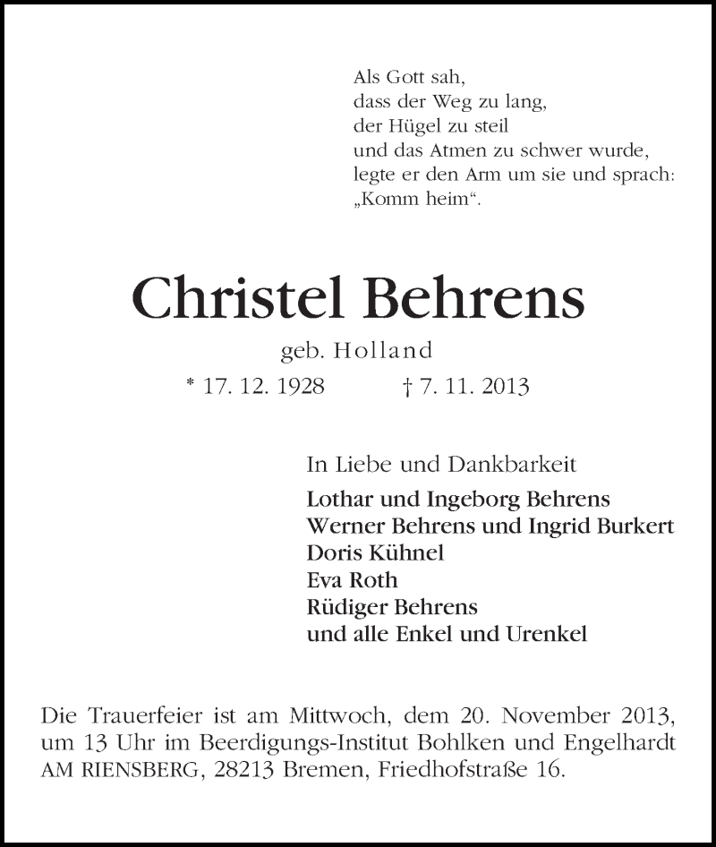 Traueranzeige von Christel Behrens von WESER-KURIER