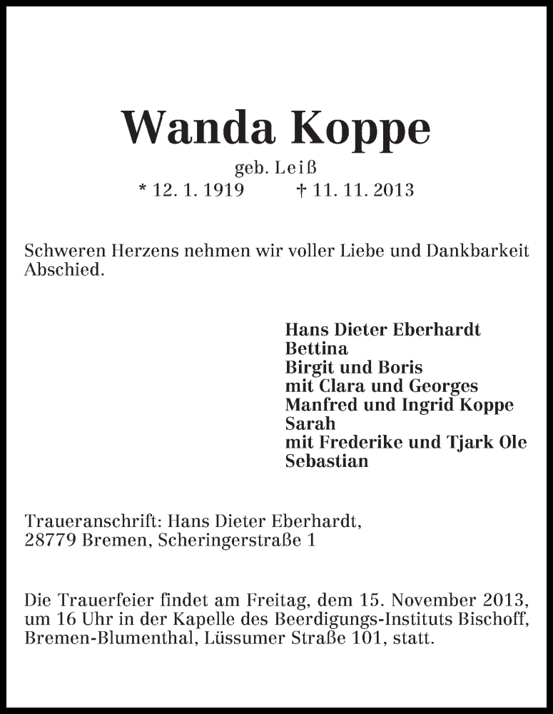 Traueranzeige von Wanda Koppe von WESER-KURIER