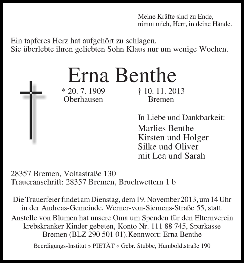 Traueranzeige von Erna Benthe von WESER-KURIER