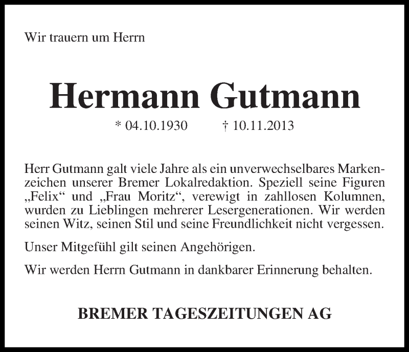 Traueranzeige von Hermann Gutmann von WESER-KURIER