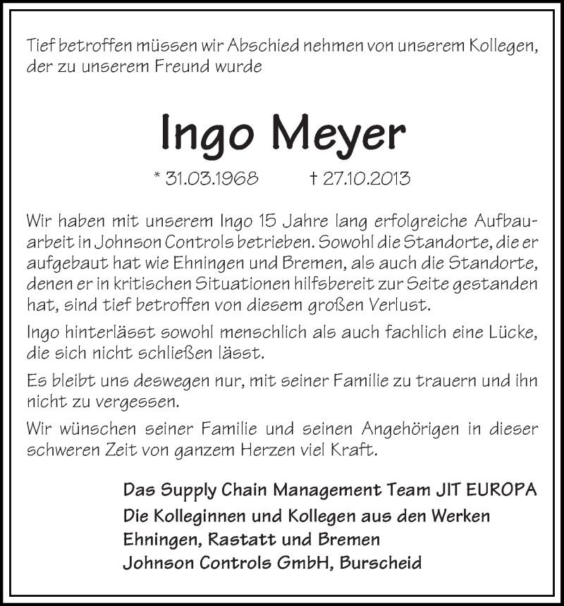 Traueranzeige von Ingo Meyer von WESER-KURIER