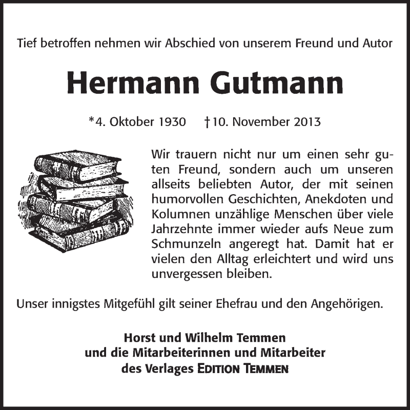 Traueranzeige von Hermann Gutmann von WESER-KURIER