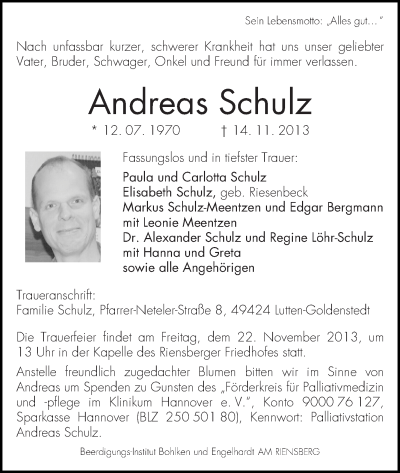 Traueranzeige von Andreas Schulz von WESER-KURIER