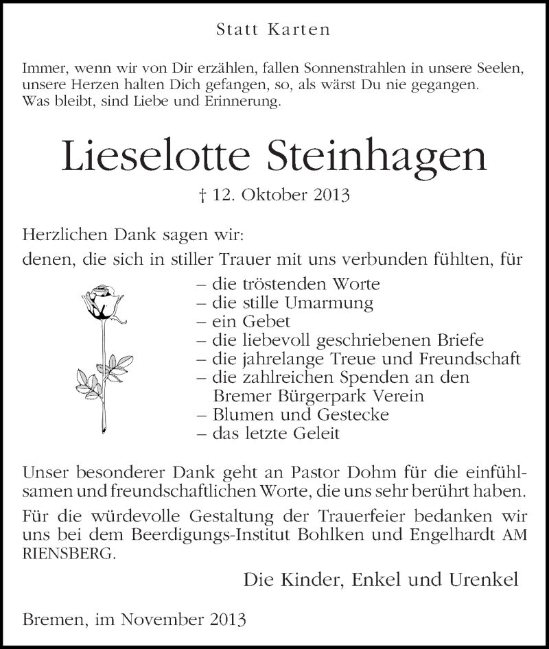 Traueranzeige von Lieselotte Steinhagen von WESER-KURIER