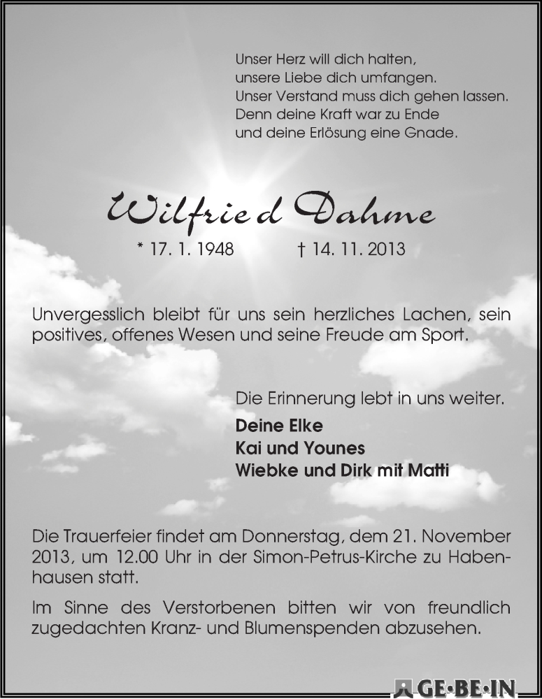 Traueranzeige von Wilfried Dahme von WESER-KURIER
