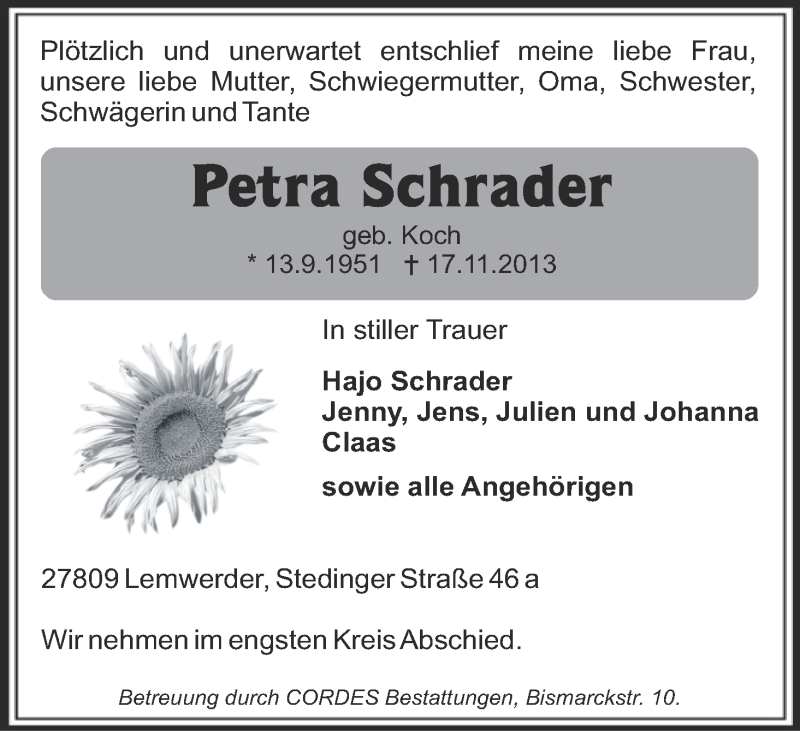 Traueranzeige von Petra Schrader von WESER-KURIER