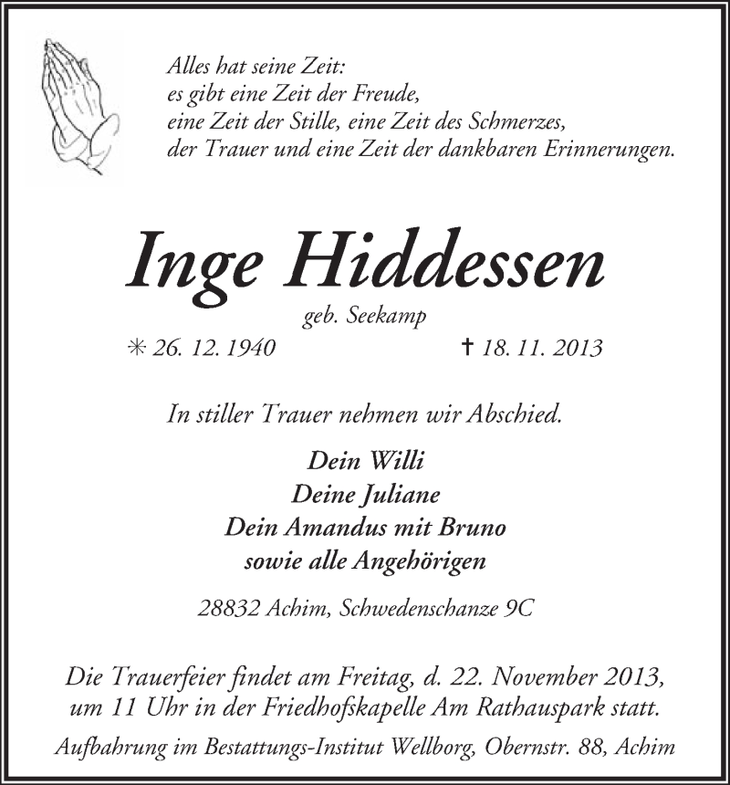 Traueranzeige von Inge Hiddessen von WESER-KURIER