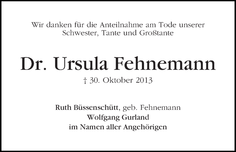 Traueranzeige von Ursula Fehnemann von WESER-KURIER