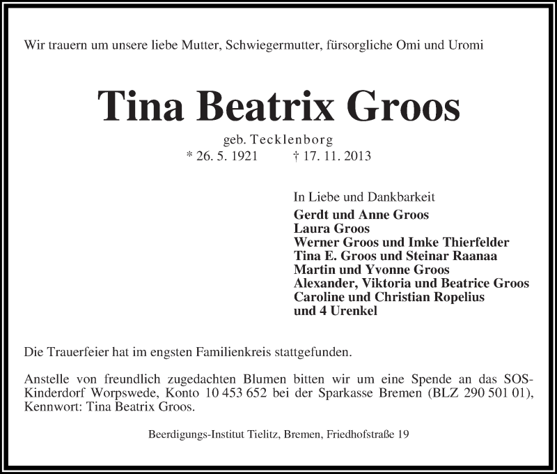 Traueranzeige von Tina Beatrix Groos von WESER-KURIER