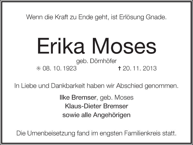 Traueranzeige von Erika Moses von WESER-KURIER