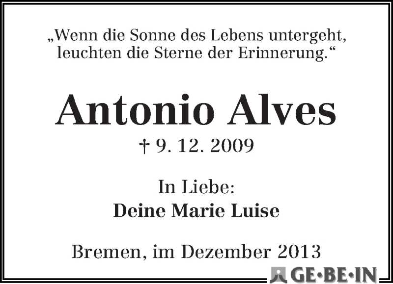 Traueranzeige von Antonio Alves von WESER-KURIER