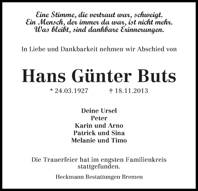Traueranzeige von Hans Günter Buts von WESER-KURIER