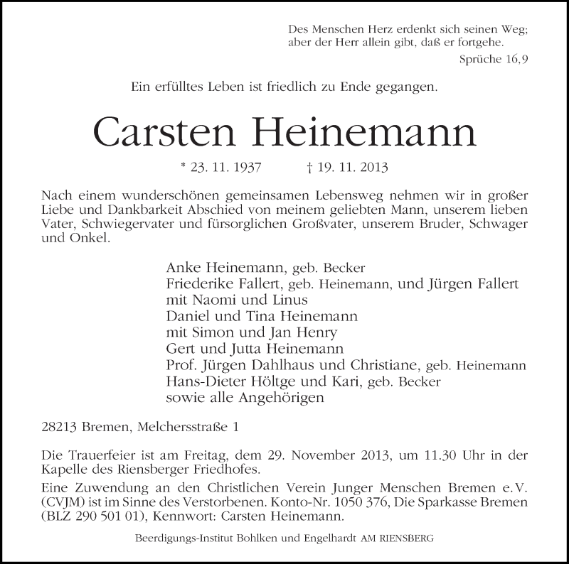 Traueranzeige von Carsten Heinemann von WESER-KURIER