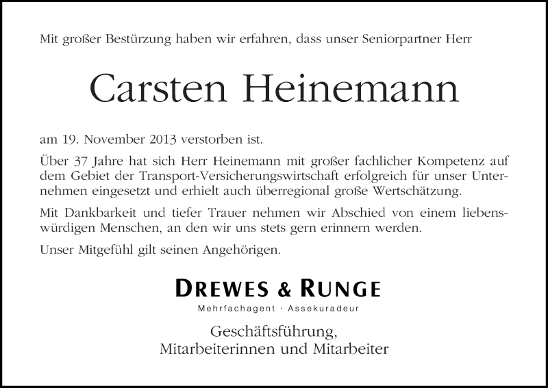 Traueranzeige von Carsten Heinemann von WESER-KURIER