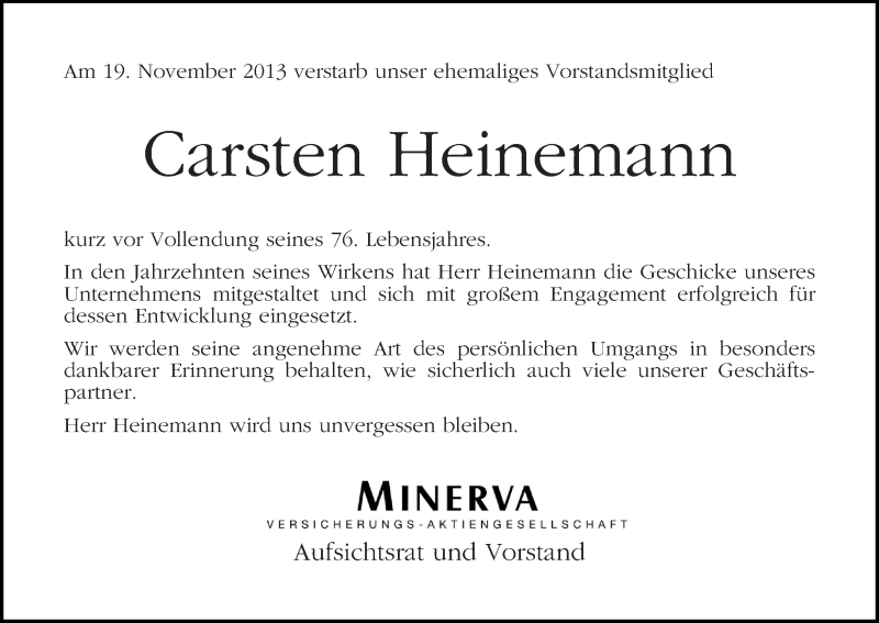 Traueranzeige von Carsten Heinemann von WESER-KURIER