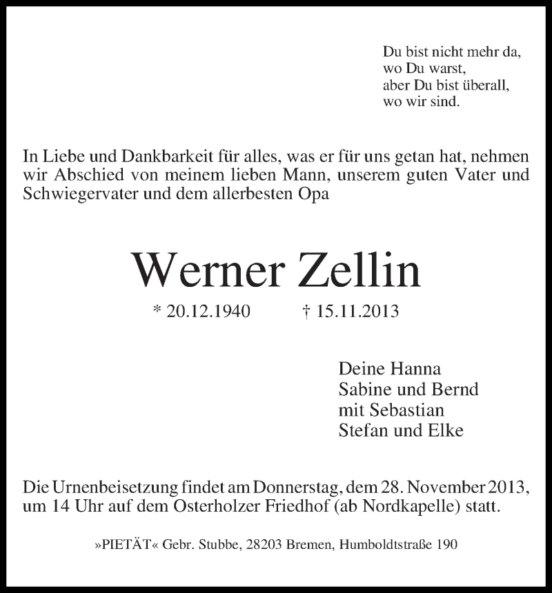 Traueranzeige von Werner Zellin von WESER-KURIER