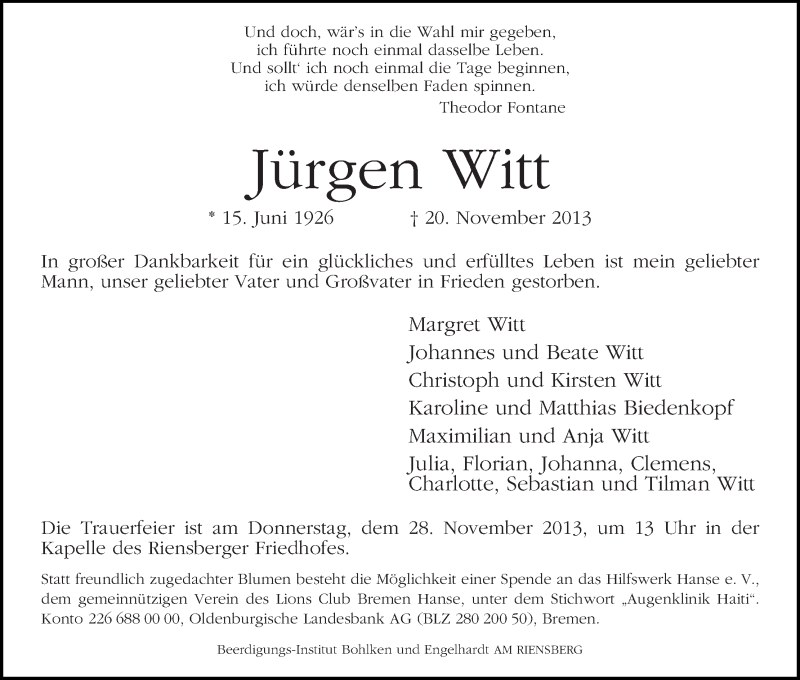 Traueranzeige von Jürgen Witt von WESER-KURIER