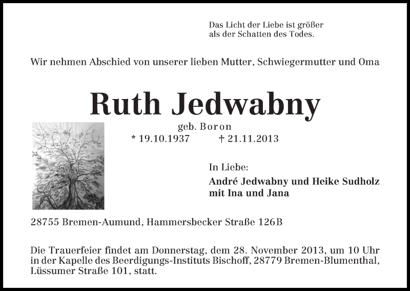 Traueranzeige von Ruth Jedwabny von WESER-KURIER