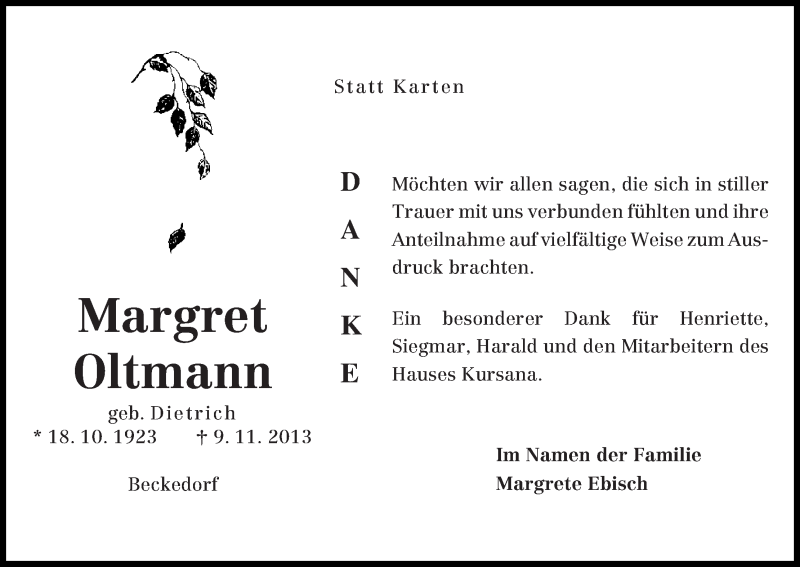 Traueranzeige von Margret Oltmann von WESER-KURIER