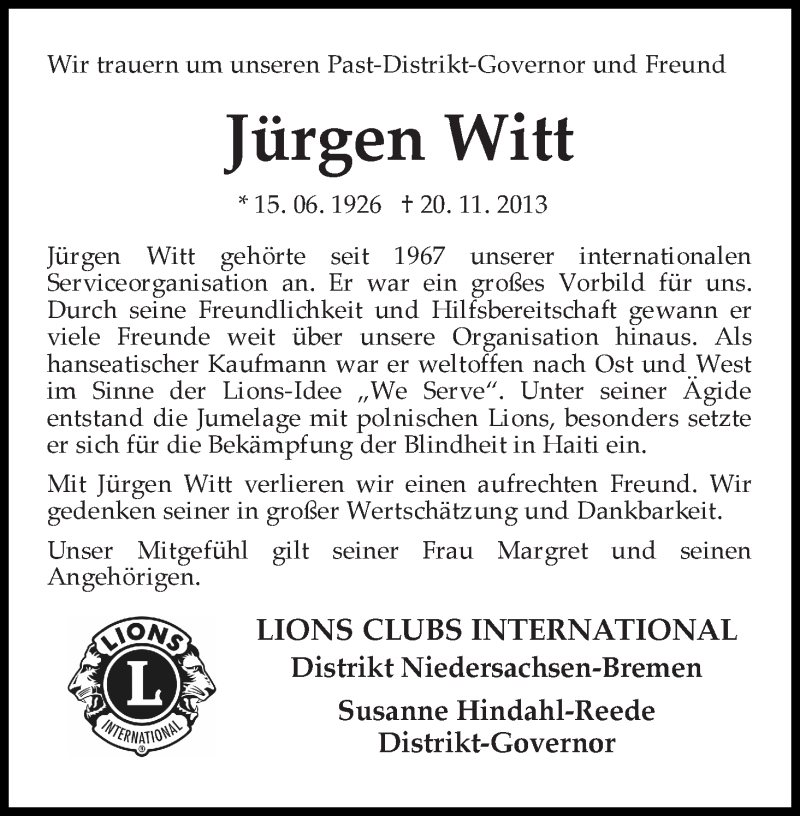 Traueranzeige von Jürgen Witt von WESER-KURIER