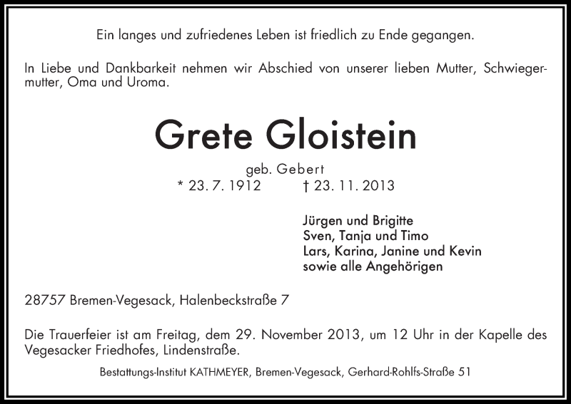 Traueranzeige von Grete Gloistein von WESER-KURIER