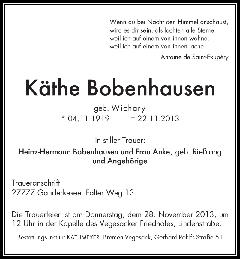 Traueranzeige von Käthe Bobenhausen von WESER-KURIER