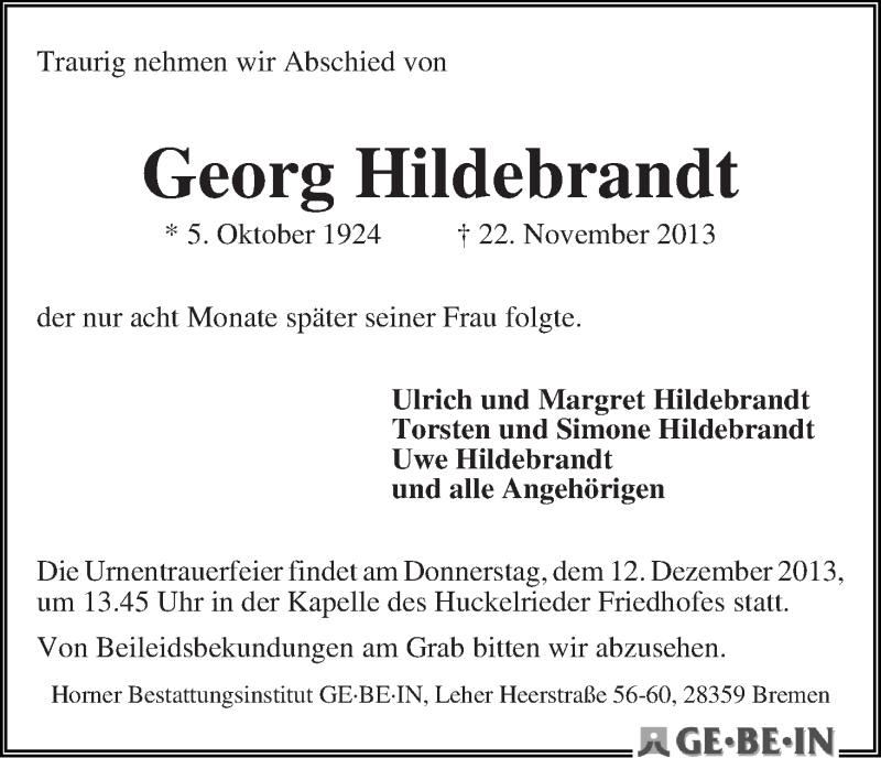 Traueranzeige von Georg Hildebrandt von WESER-KURIER