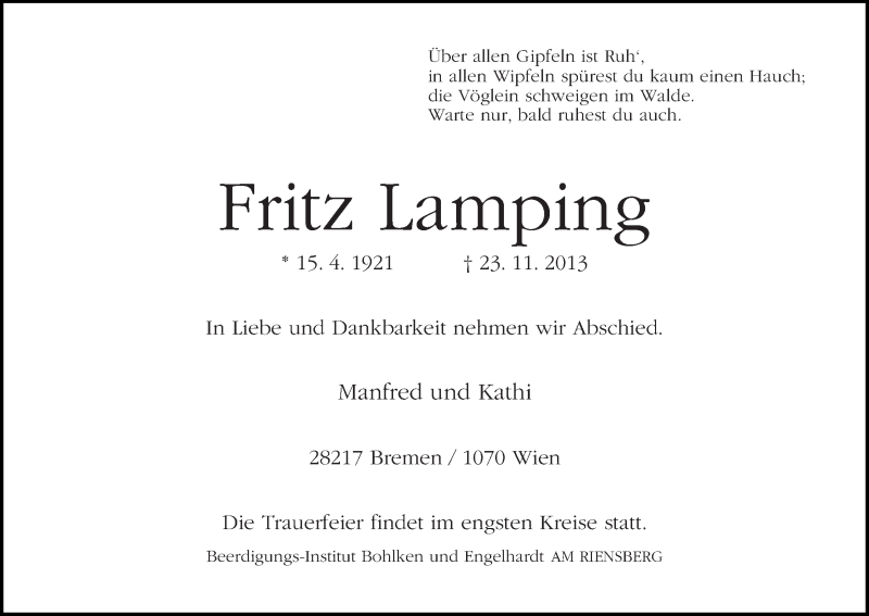 Traueranzeige von Fritz Lamping von WESER-KURIER