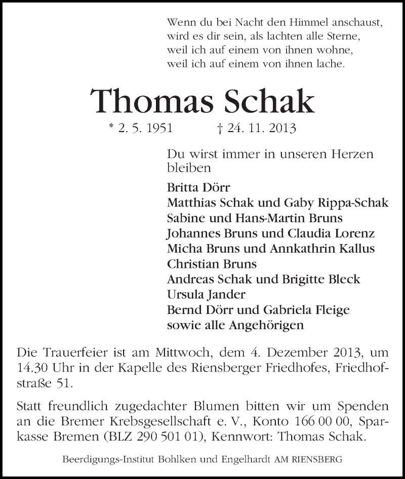 Traueranzeige von Thomas Schak von WESER-KURIER