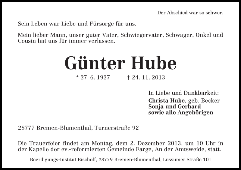 Traueranzeige von Günter Hube von WESER-KURIER