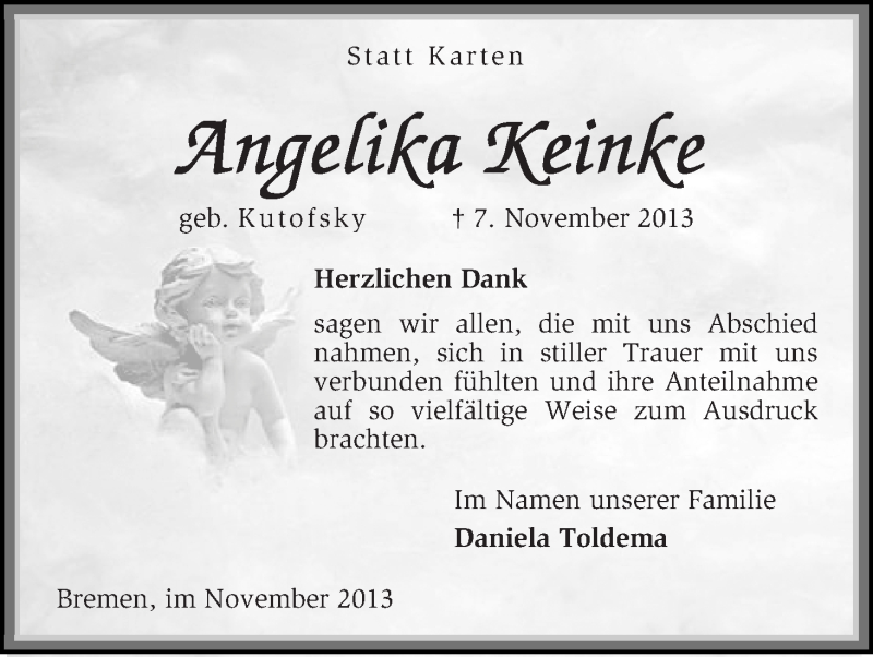 Traueranzeige von Angelika Keinke von WESER-KURIER