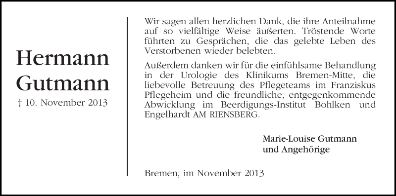 Traueranzeige von Hermann Gutmann von WESER-KURIER