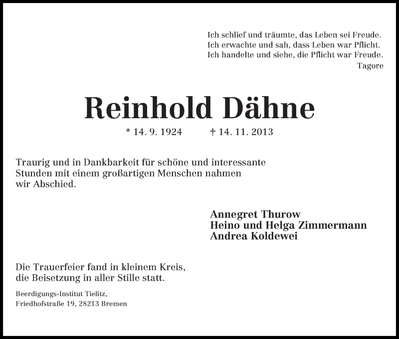 Traueranzeige von Reinhold Dähne von WESER-KURIER
